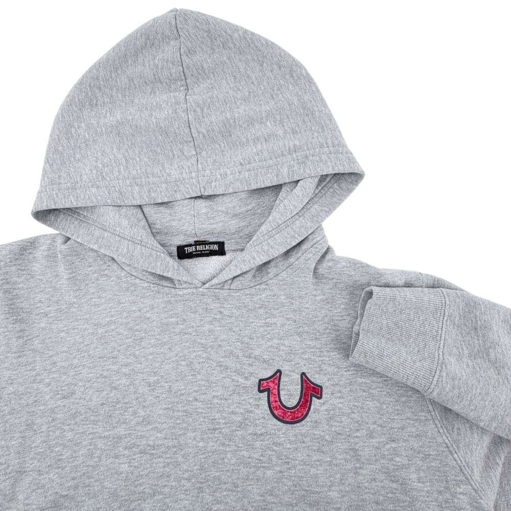 True Religion Buddha‎ Graphic Hoodie Women Large Gray Red Horseshoe Pullover